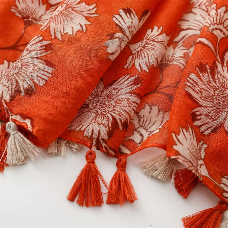 Vibrant Floral Print in Rust Orange with Tassels
