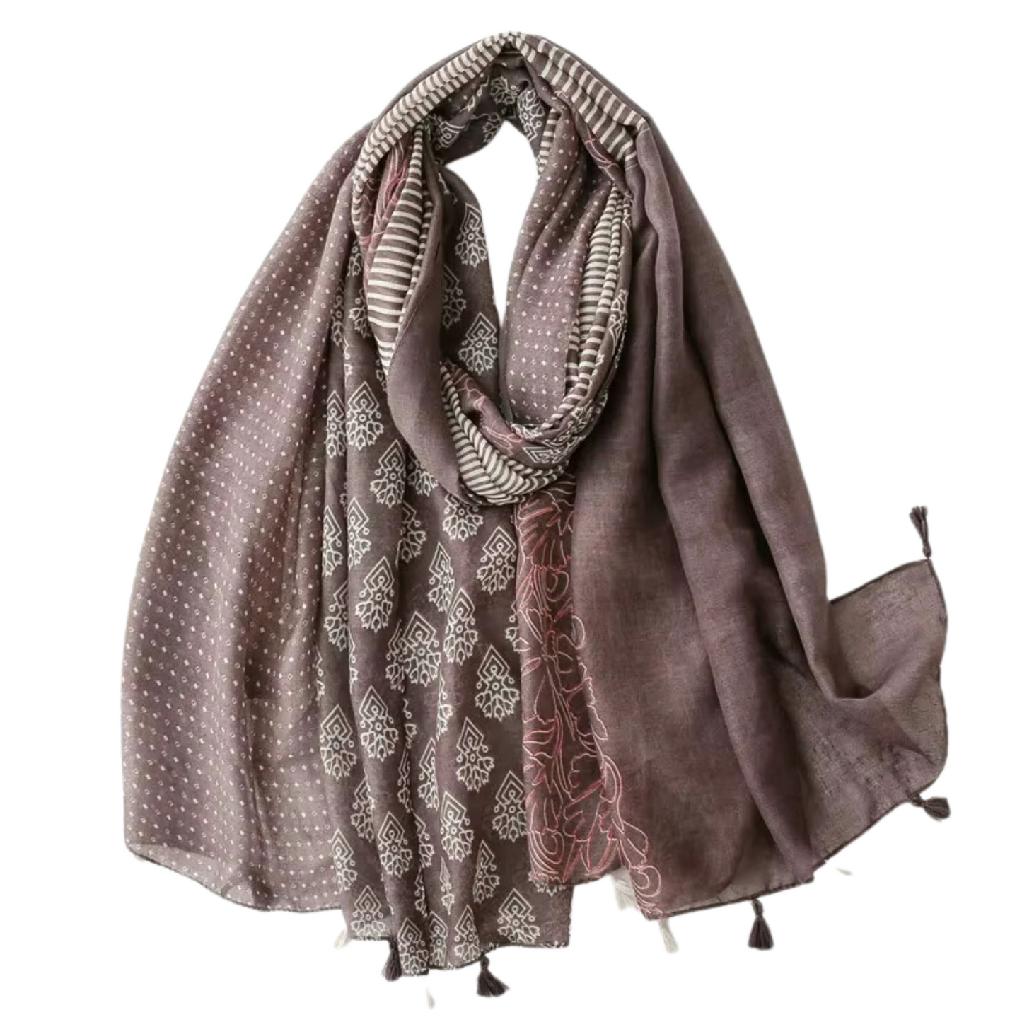 Elegant Multi-Pattern Tassel Scarf in Earthy Tones