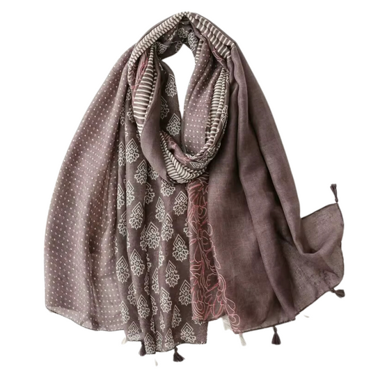 Elegant Multi-Pattern Tassel Scarf in Earthy Tones