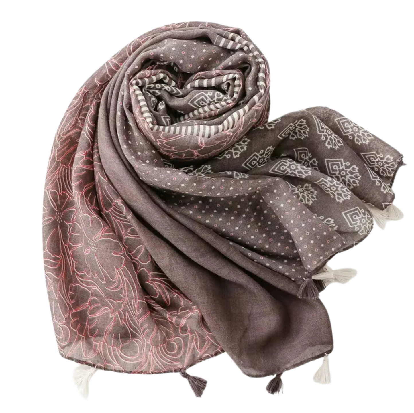 Elegant Multi-Pattern Tassel Scarf in Earthy Tones