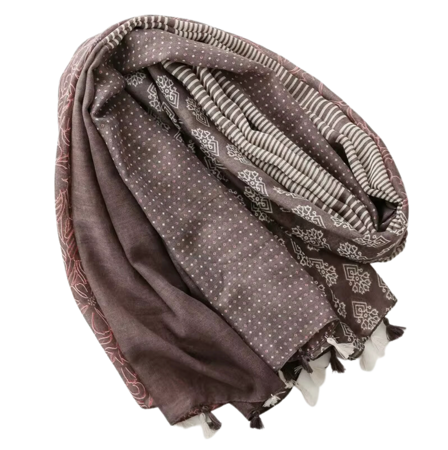 Elegant Multi-Pattern Tassel Scarf in Earthy Tones