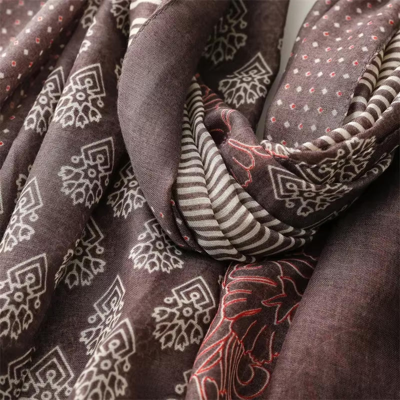 Elegant Multi-Pattern Tassel Scarf in Earthy Tones