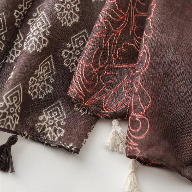 Elegant Multi-Pattern Tassel Scarf in Earthy Tones