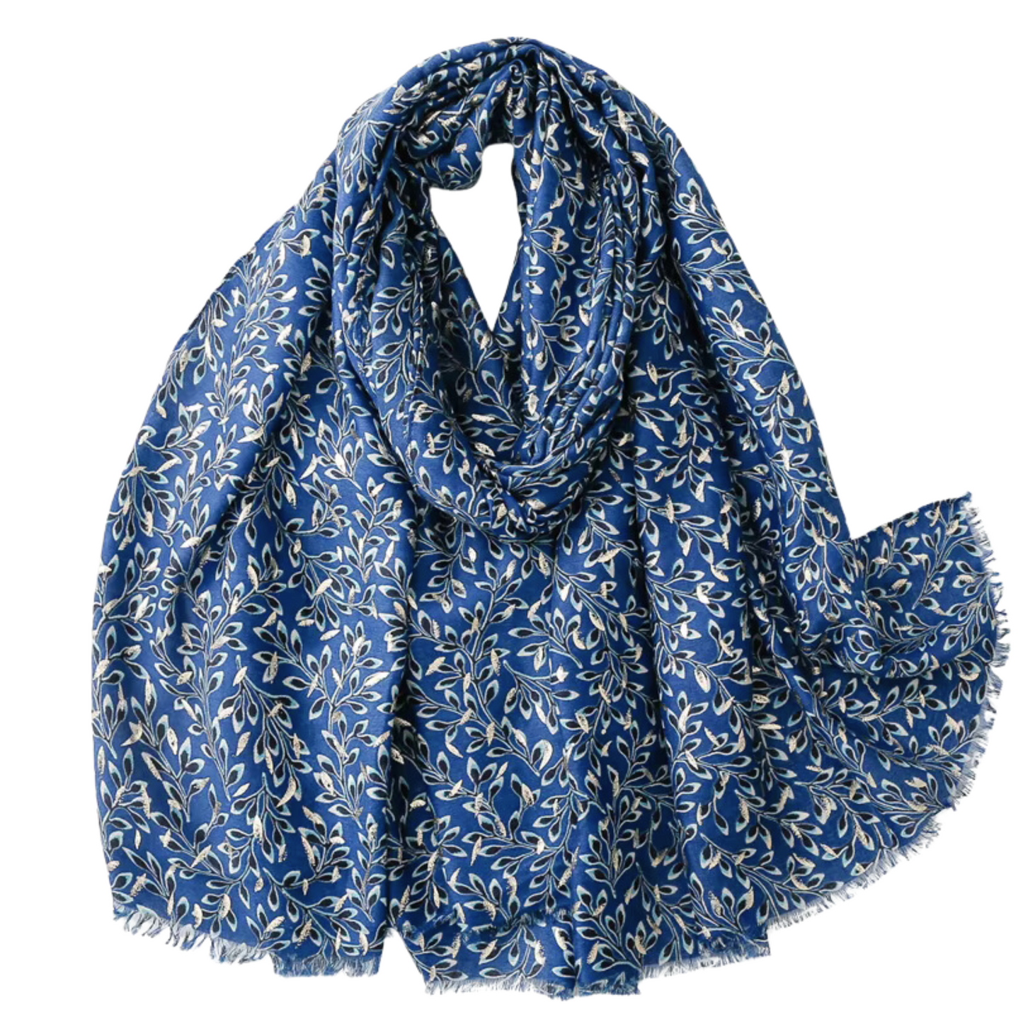 Timeless Botanical Scarf with White Leaf Motifs in Rich Blue