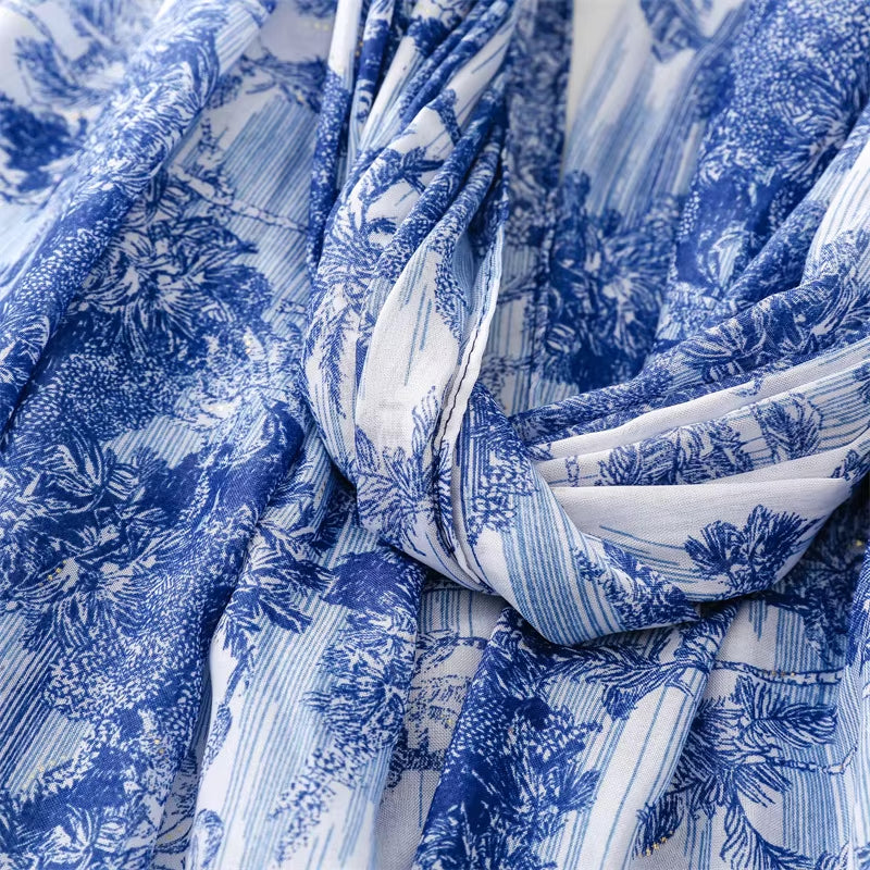 Blue and White Toile Tassel Scarf