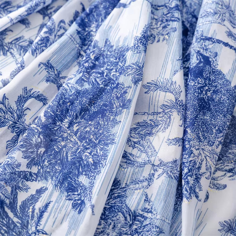 Blue and White Toile Tassel Scarf