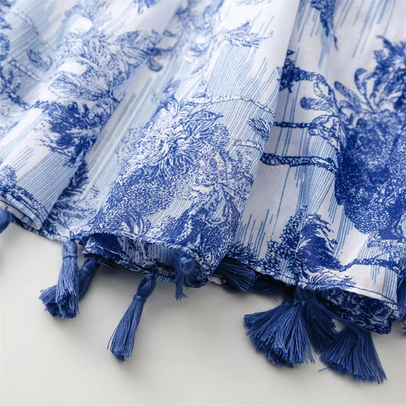 Blue and White Toile Tassel Scarf