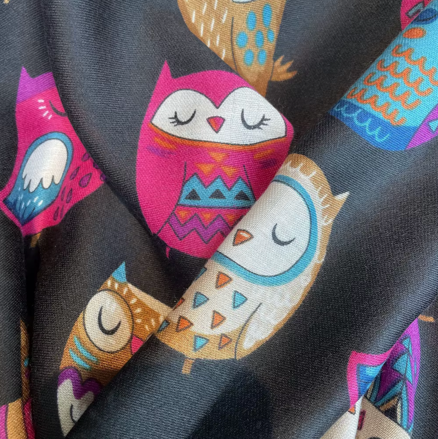 Vibrant Owl-Print Scarf in Black