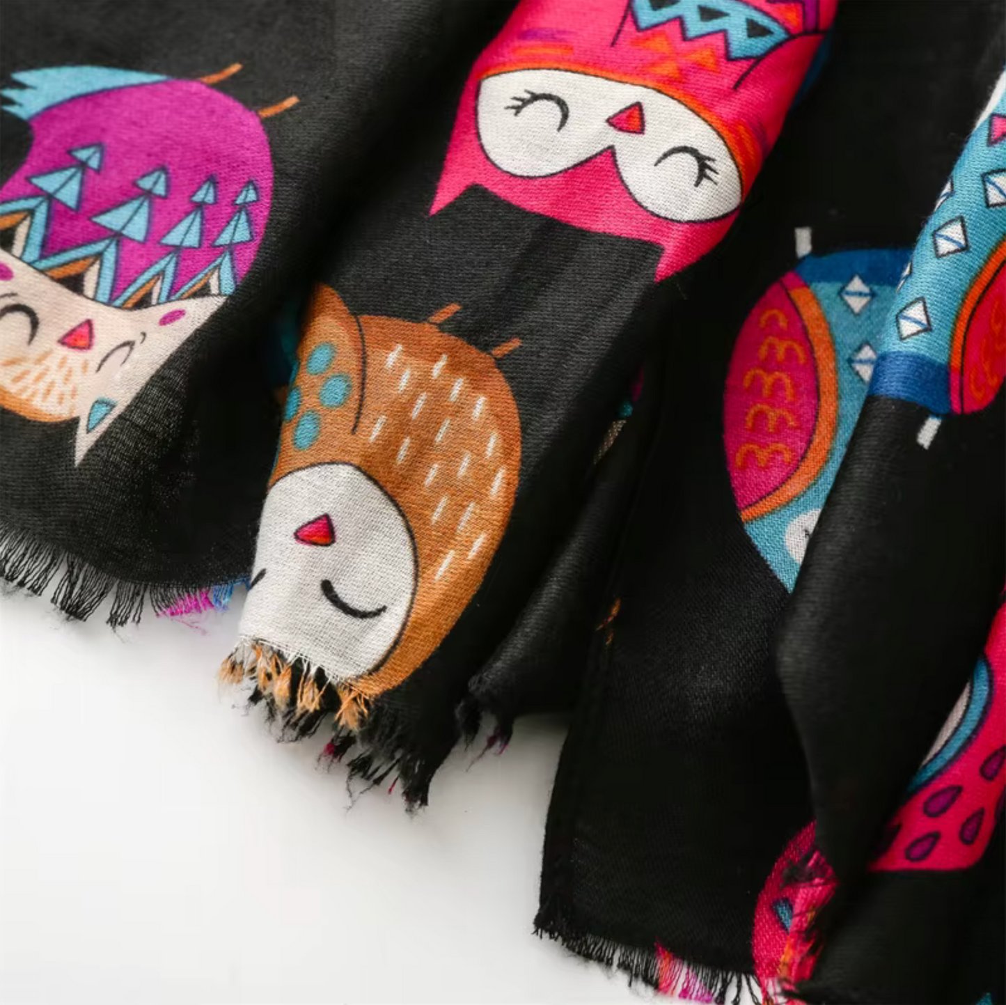 Vibrant Owl-Print Scarf in Black