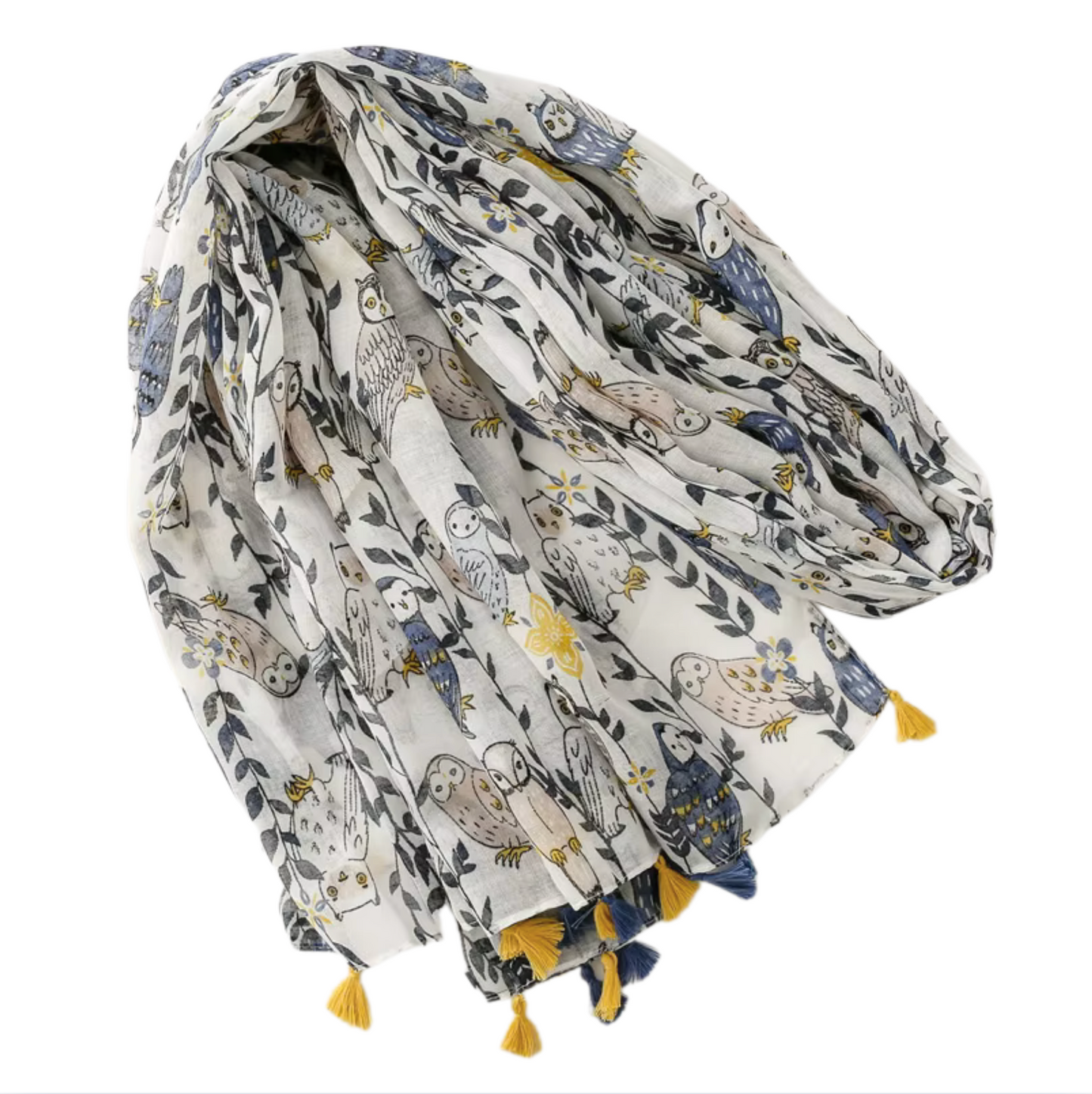 Whimsical Owl Print Tassel Scarf