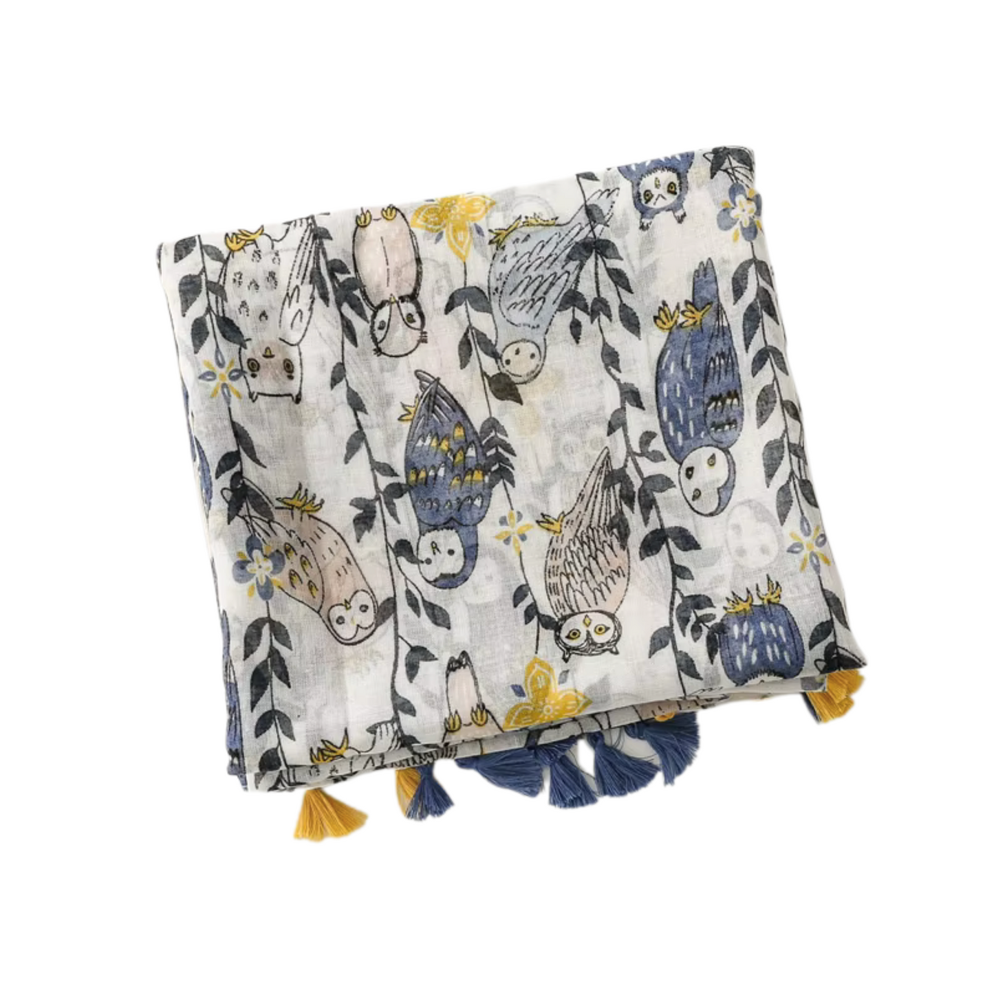 Whimsical Owl Print Tassel Scarf