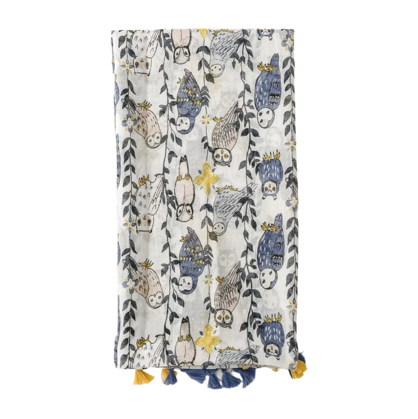 Whimsical Owl Print Tassel Scarf