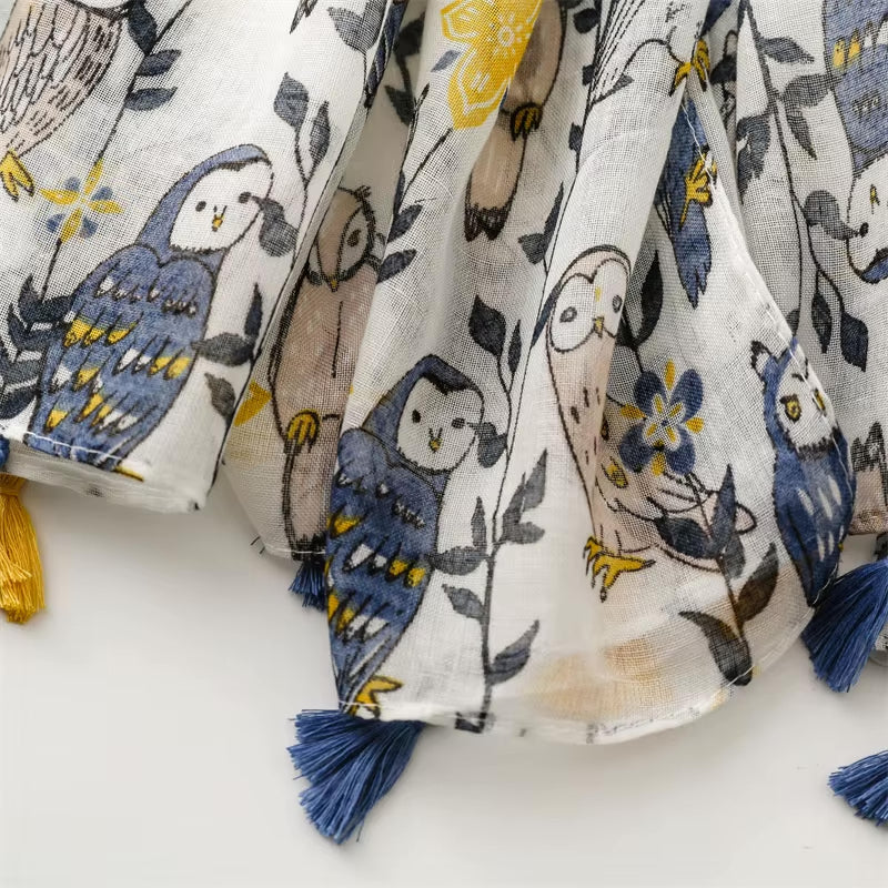 Whimsical Owl Print Tassel Scarf