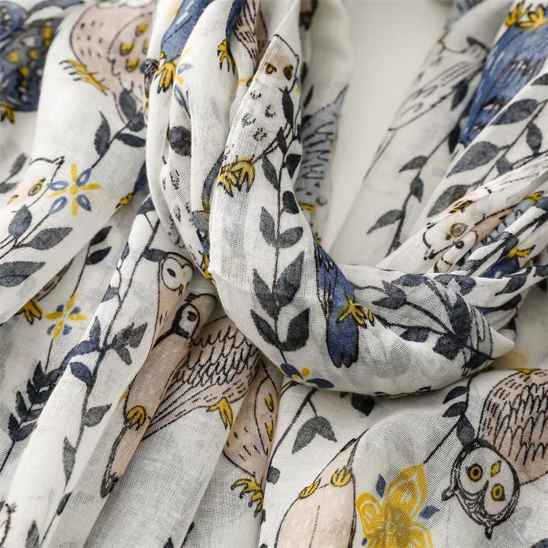 Whimsical Owl Print Tassel Scarf
