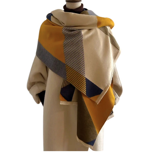 Geometric Color-Block Scarf in Navy and Mustard Earth Tones