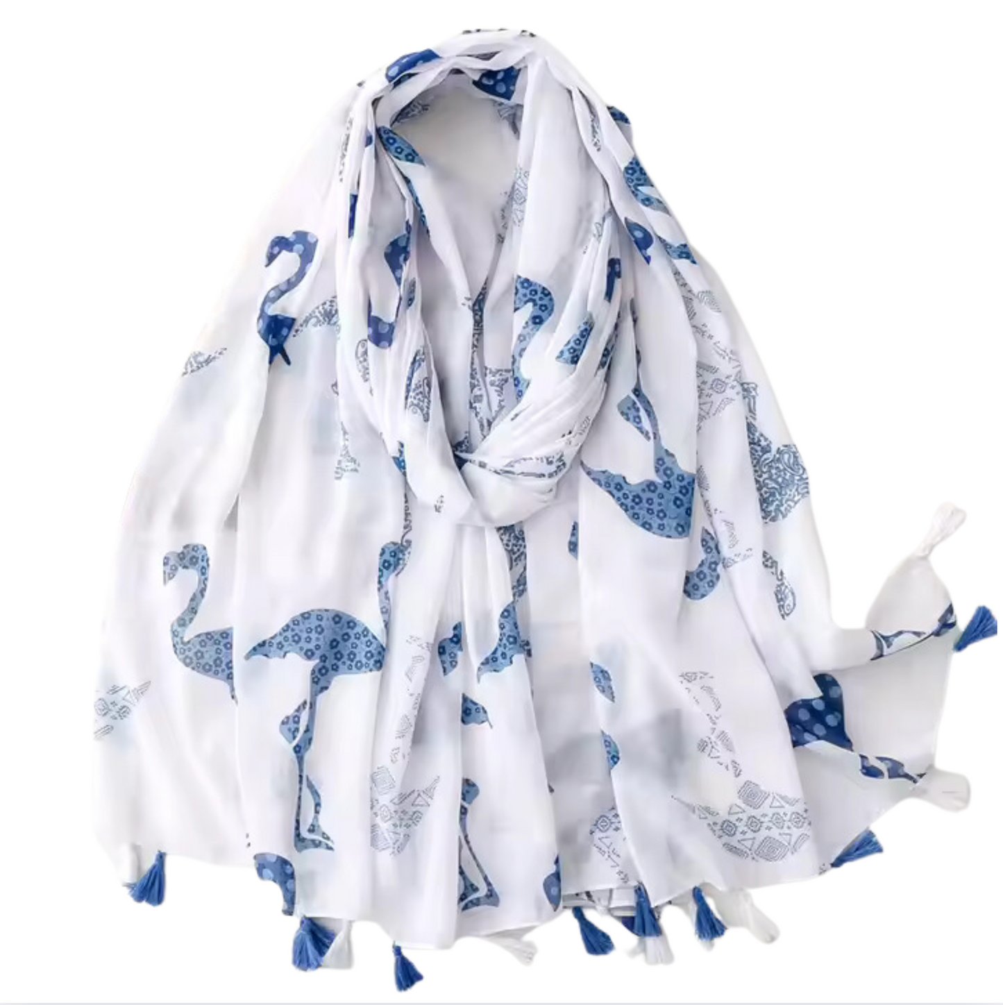 Blue Flamingo Print Scarf with Tassel Accents