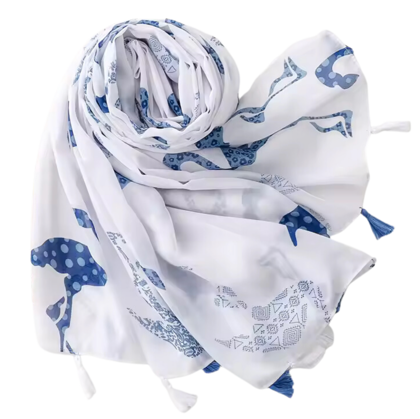 Blue Flamingo Print Scarf with Tassel Accents