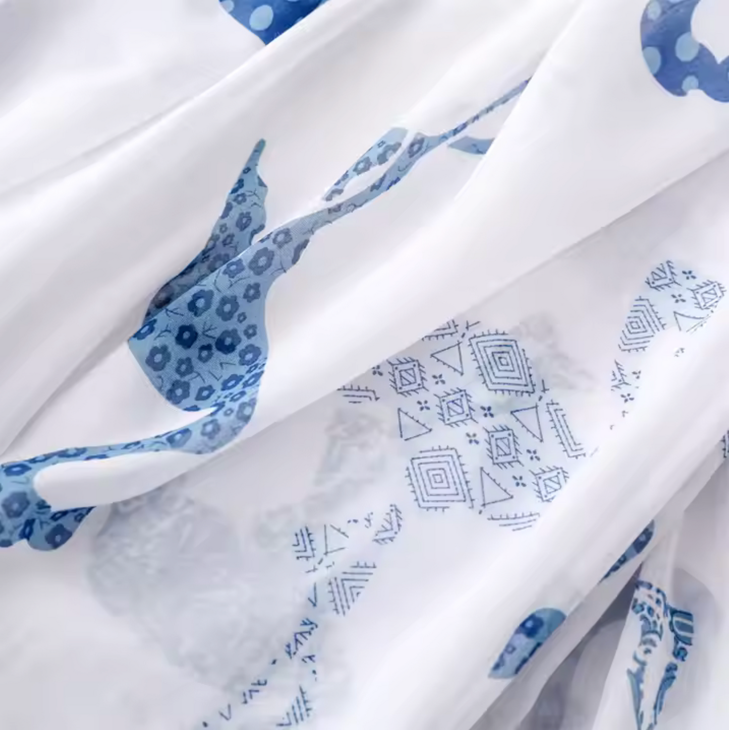 Blue Flamingo Print Scarf with Tassel Accents