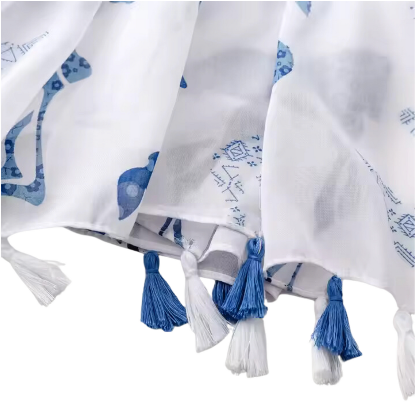 Blue Flamingo Print Scarf with Tassel Accents