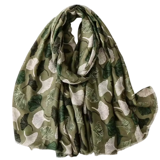 Botanical Print Scarf with Earthy Green Tones
