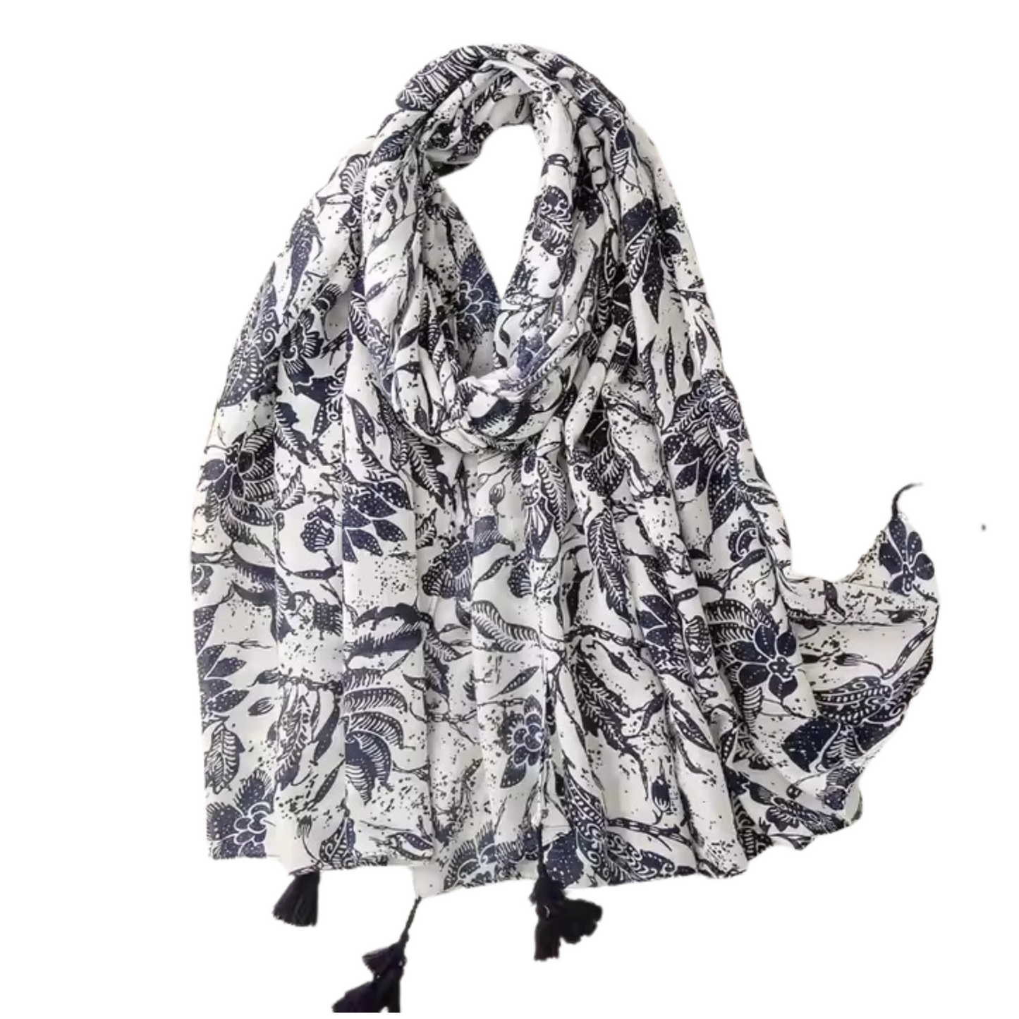 Floral Indigo Tassel Scarf
