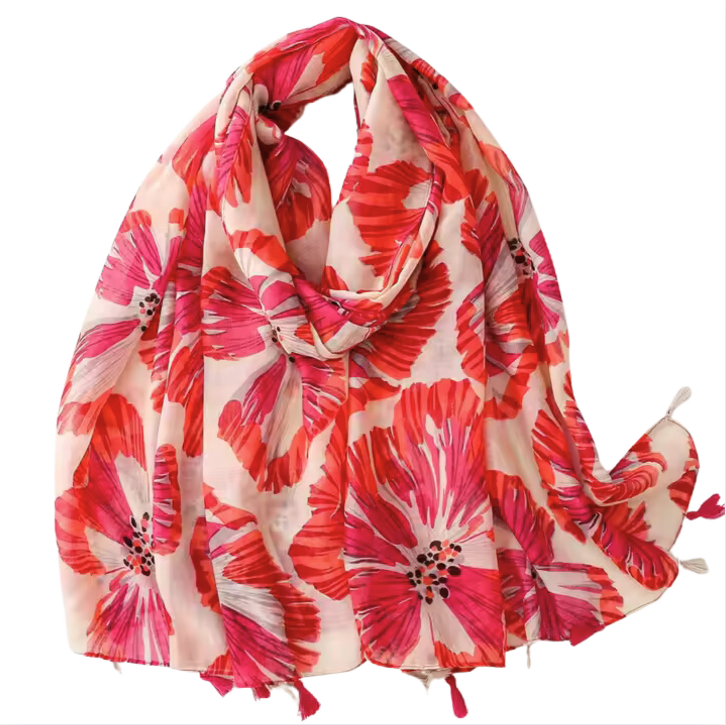 Vibrant Floral Print Scarf with Tassels