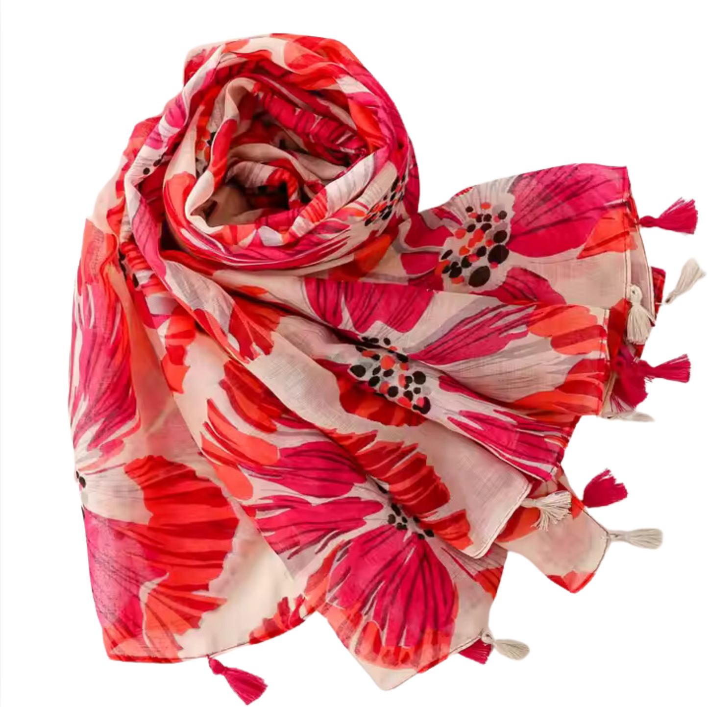 Vibrant Floral Print Scarf with Tassels
