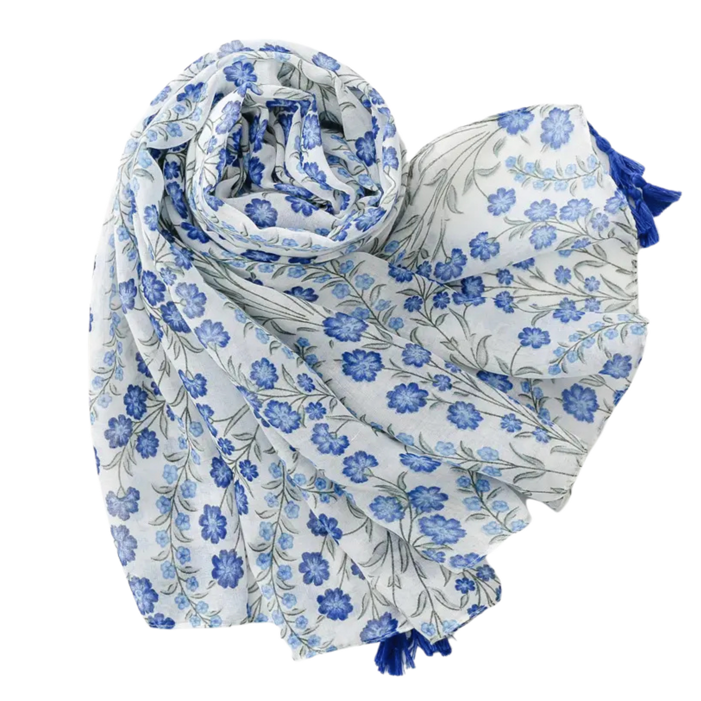 Delicate Blue Floral Print Tassel Scarf