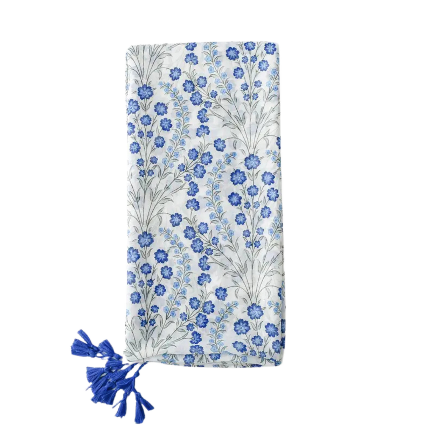 Delicate Blue Floral Print Tassel Scarf
