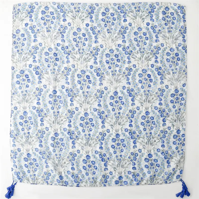 Delicate Blue Floral Print Tassel Scarf