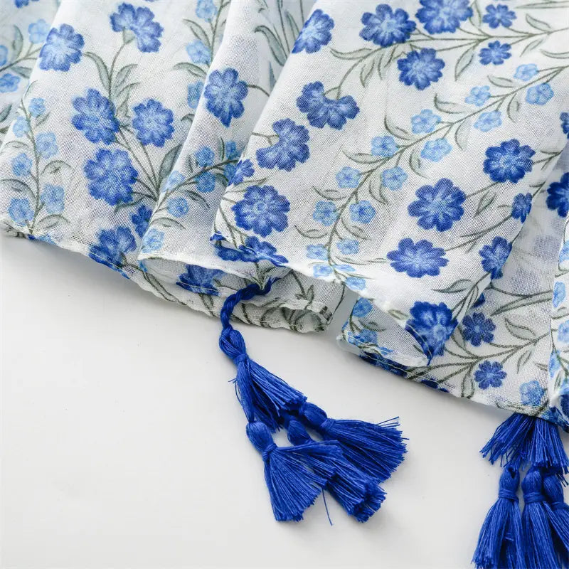 Delicate Blue Floral Print Tassel Scarf