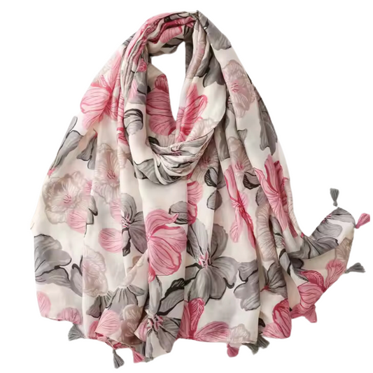 Delicate Pink and Grey Floral Print Tassel Scarf