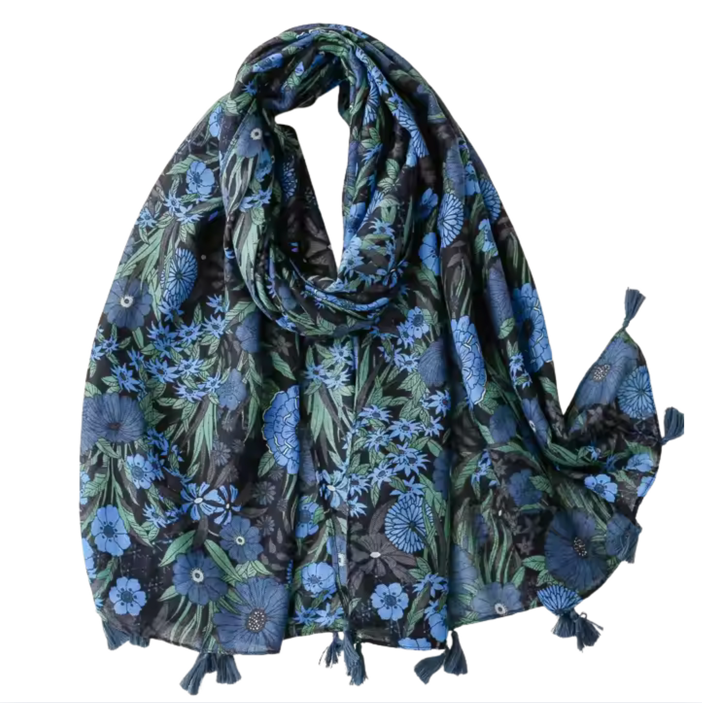 Midnight Bloom Floral Scarf with Tassel Accents
