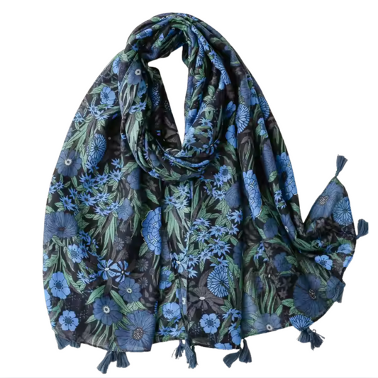 Midnight Bloom Floral Scarf with Tassel Accents