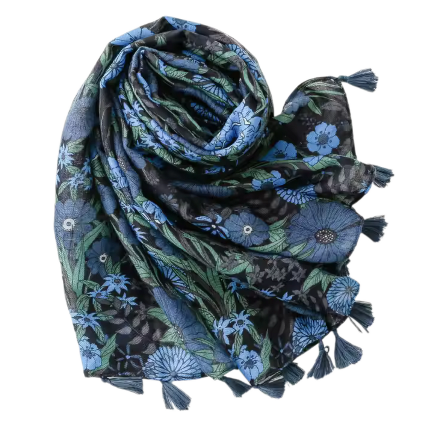 Midnight Bloom Floral Scarf with Tassel Accents