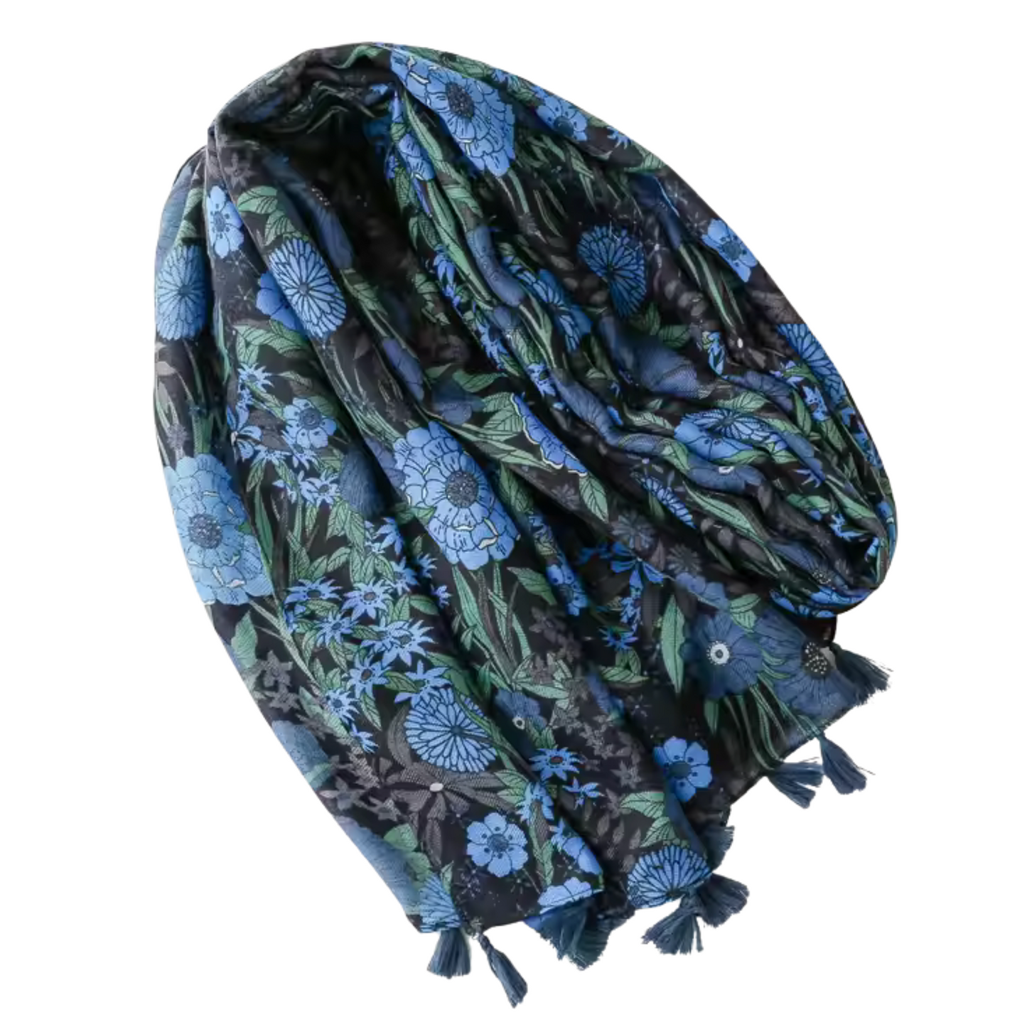 Midnight Bloom Floral Scarf with Tassel Accents