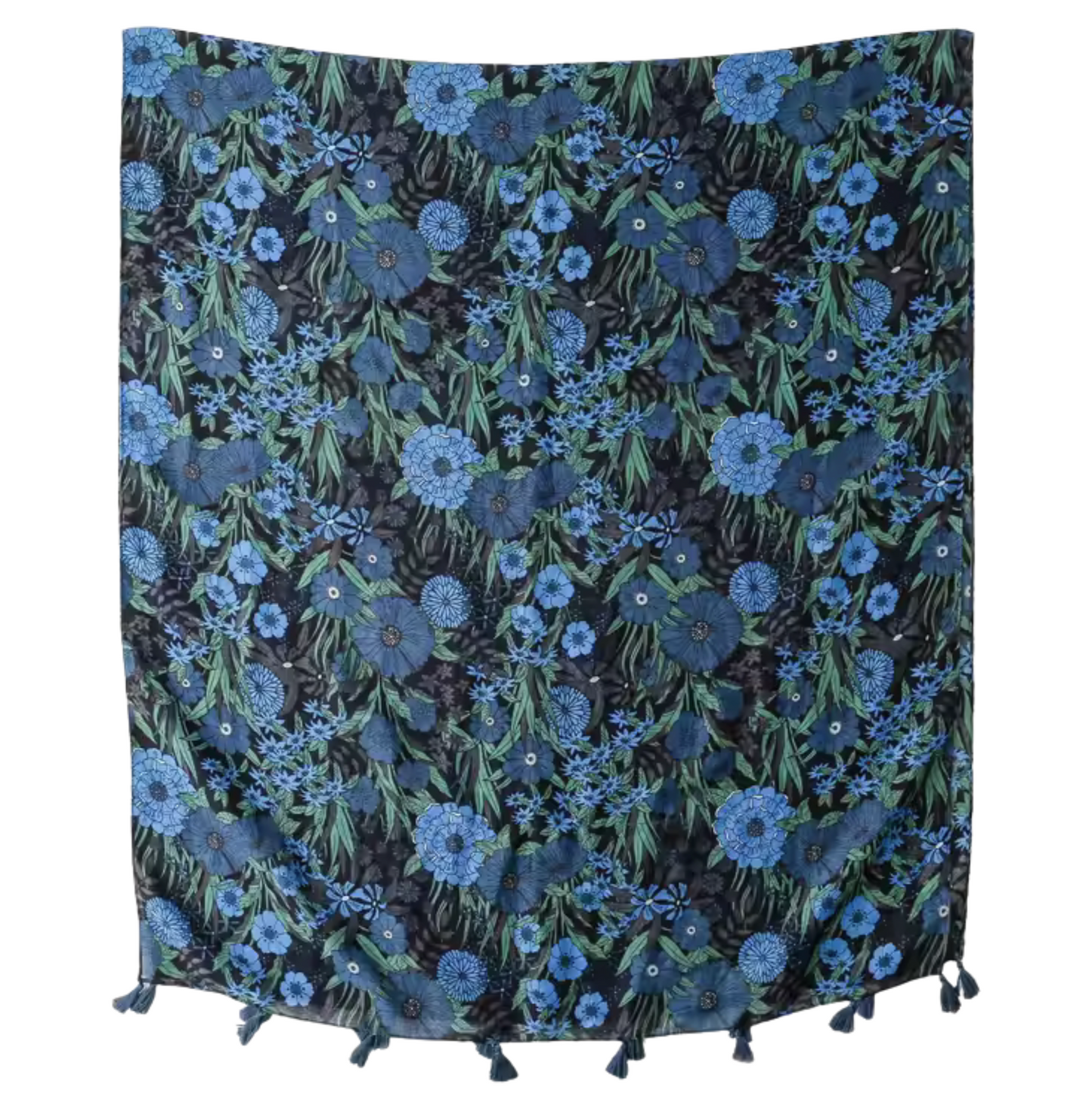 Midnight Bloom Floral Scarf with Tassel Accents