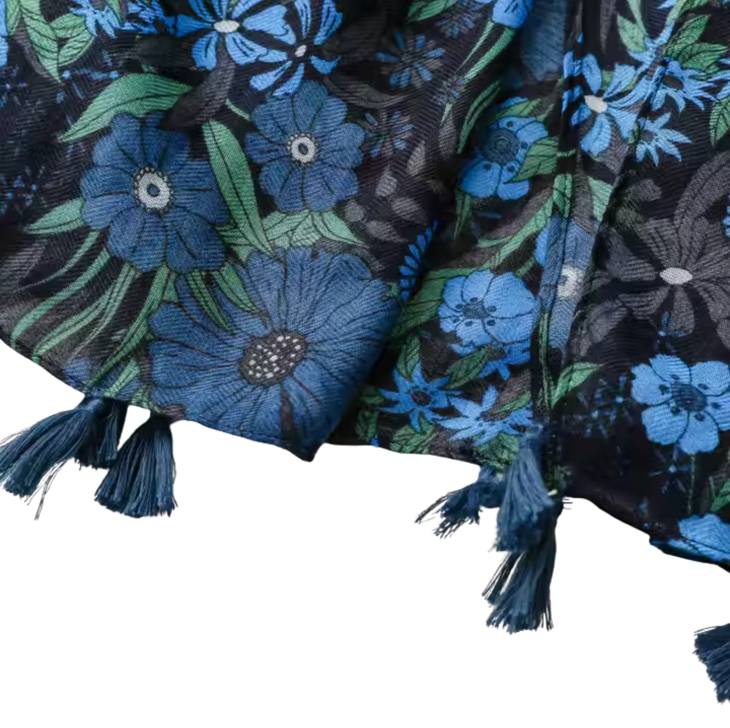 Midnight Bloom Floral Scarf with Tassel Accents