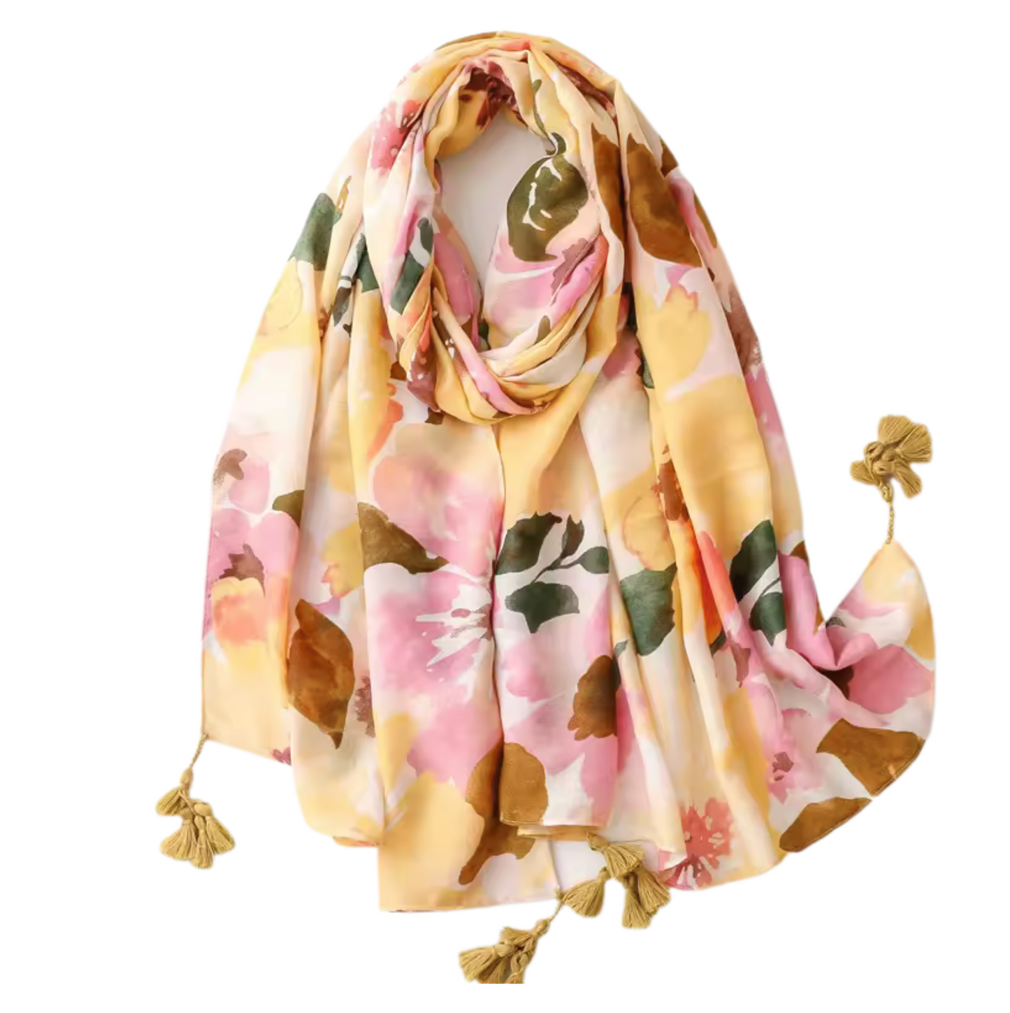 Floral Watercolor Print Scarf with Tassel Accents