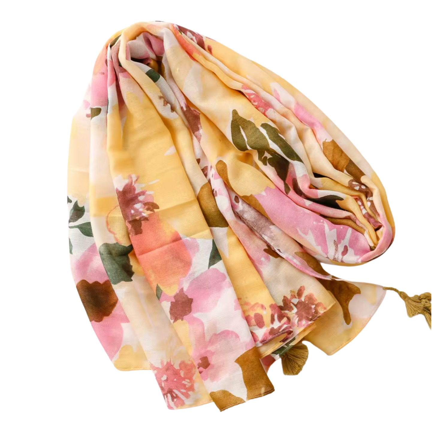 Floral Watercolor Print Scarf with Tassel Accents
