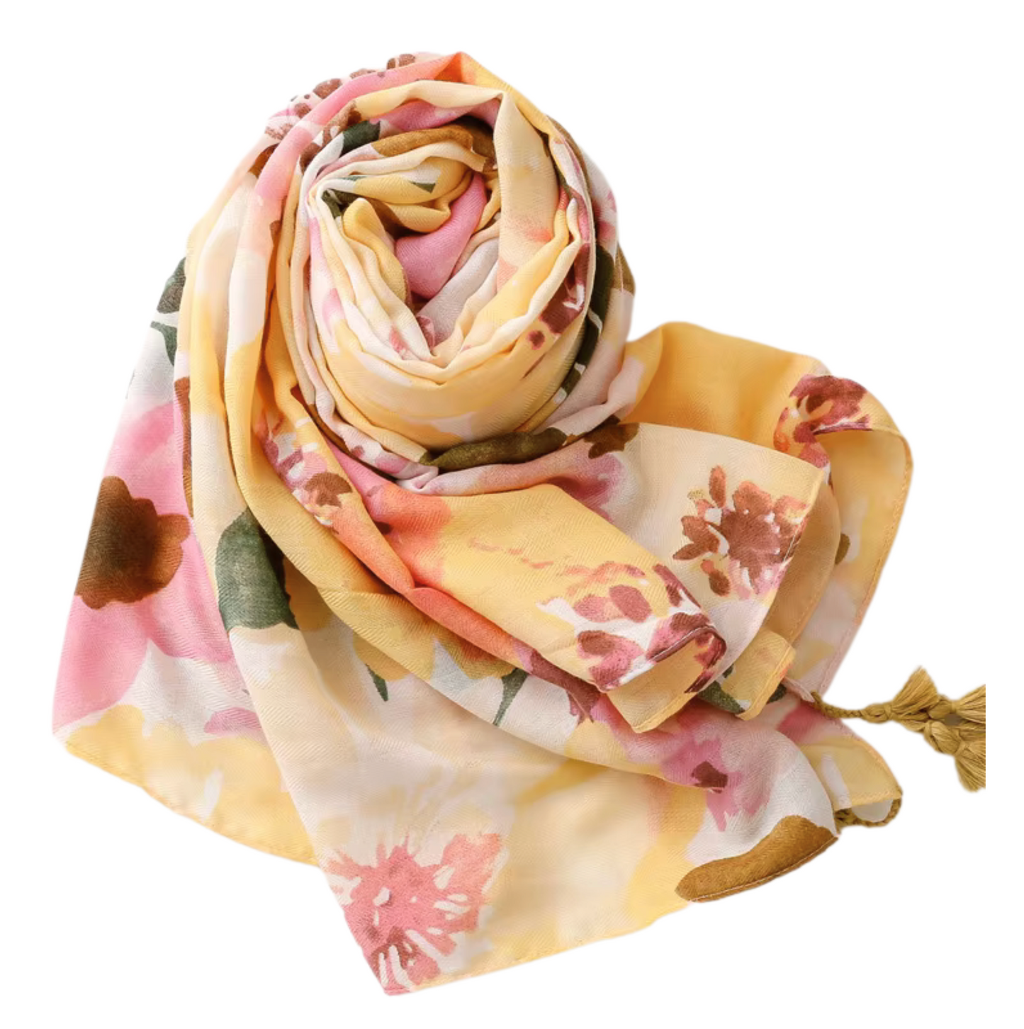 Floral Watercolor Print Scarf with Tassel Accents