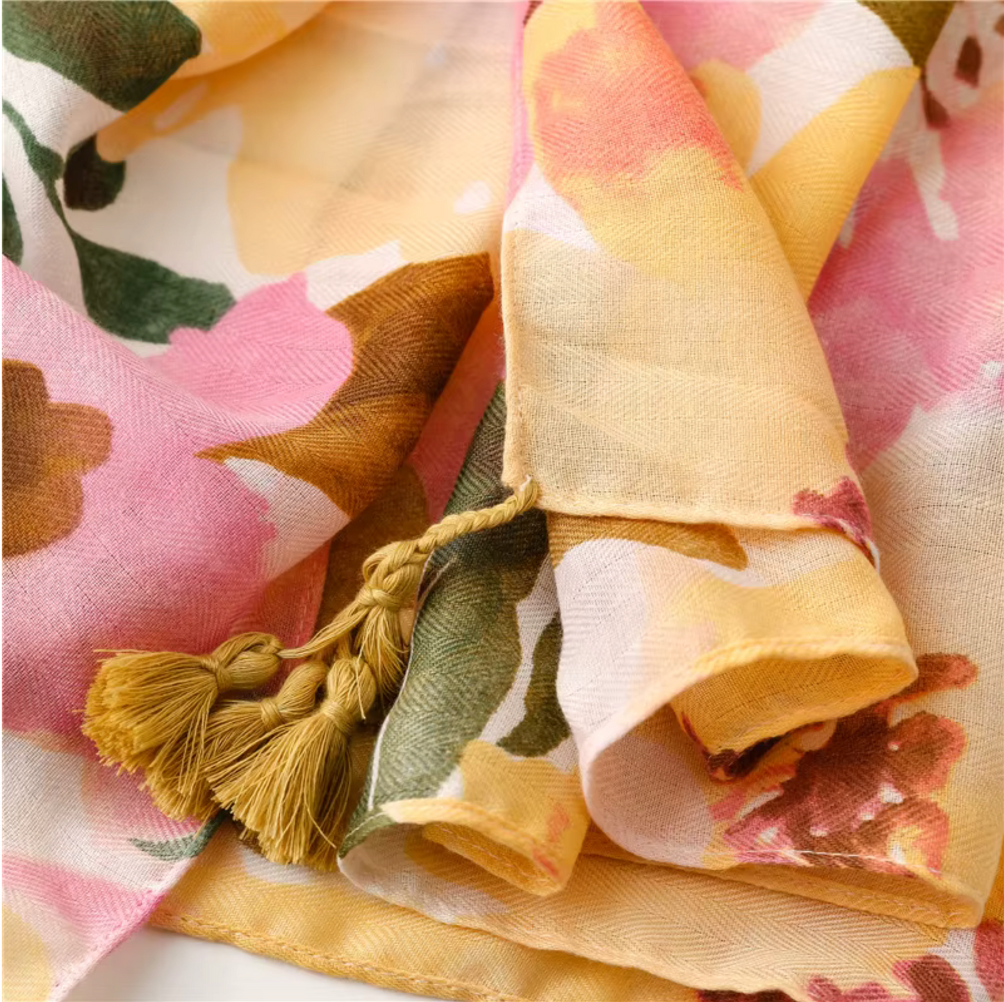 Floral Watercolor Print Scarf with Tassel Accents