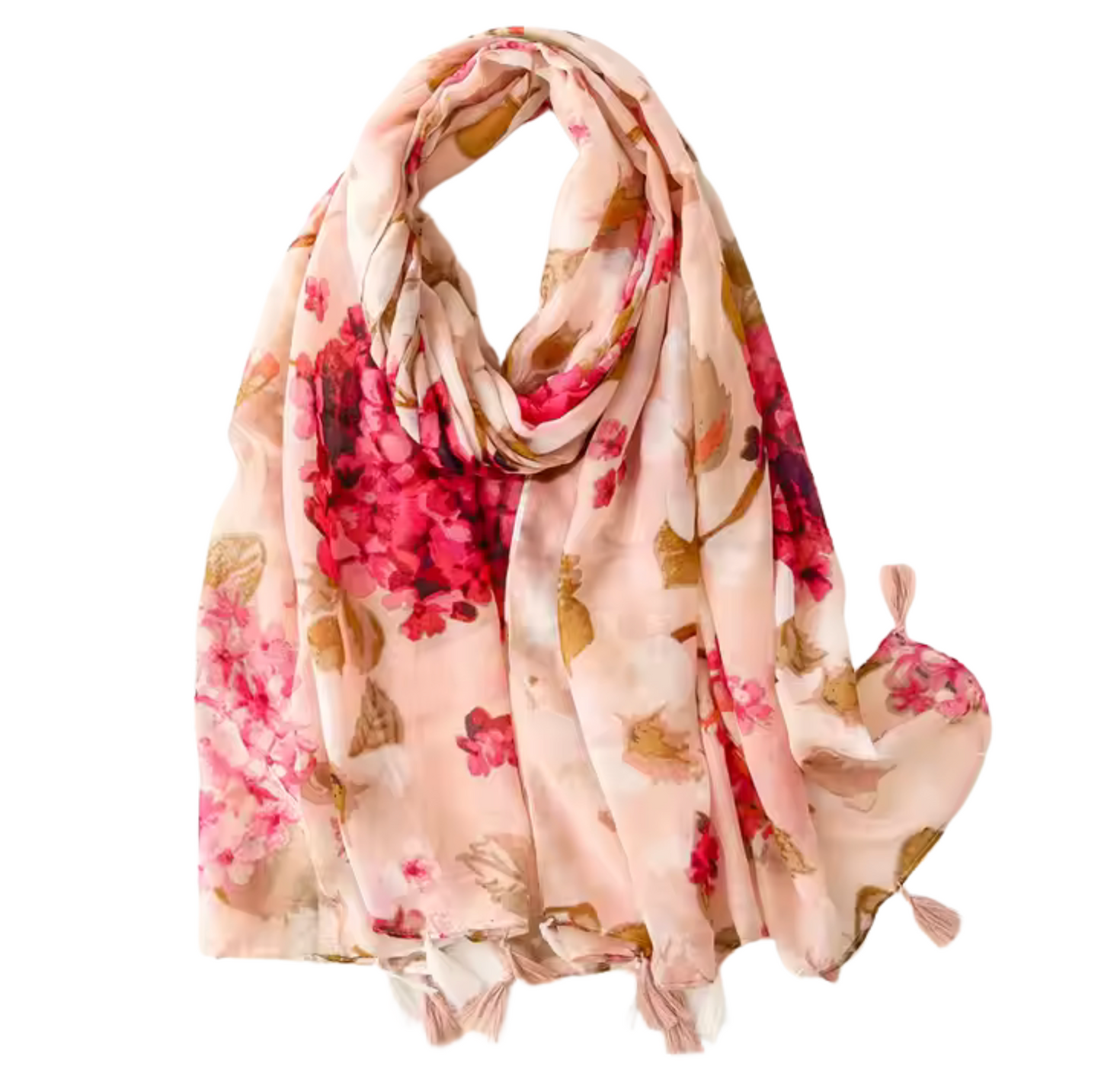 Blush Bloom Floral Scarf with Tassel Accents