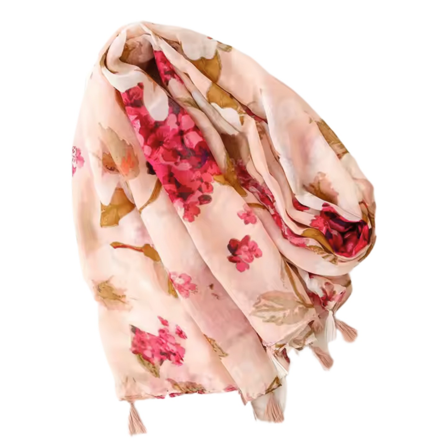 Blush Bloom Floral Scarf with Tassel Accents