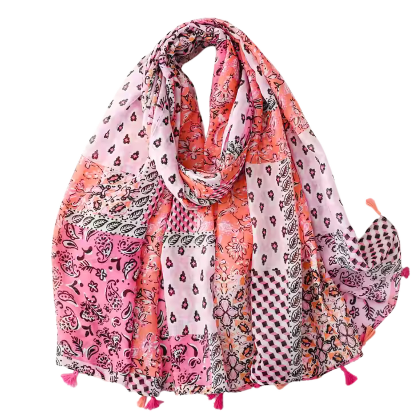 Vibrant Patchwork Boho Scarf with Tassel Accents