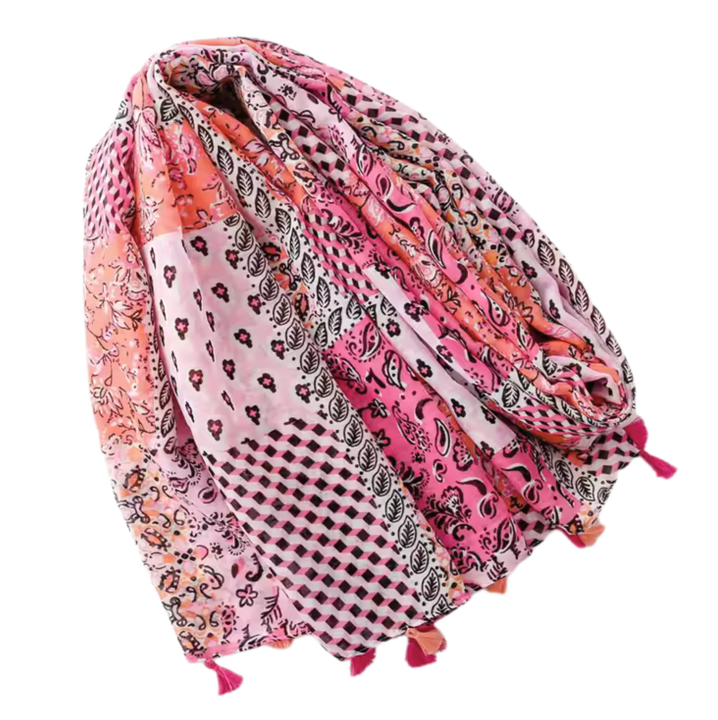Vibrant Patchwork Boho Scarf with Tassel Accents