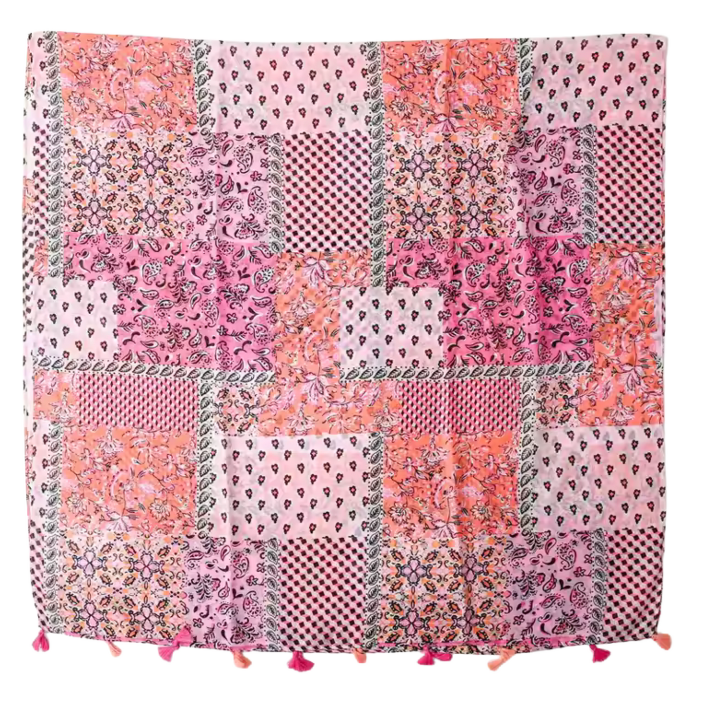 Vibrant Patchwork Boho Scarf with Tassel Accents