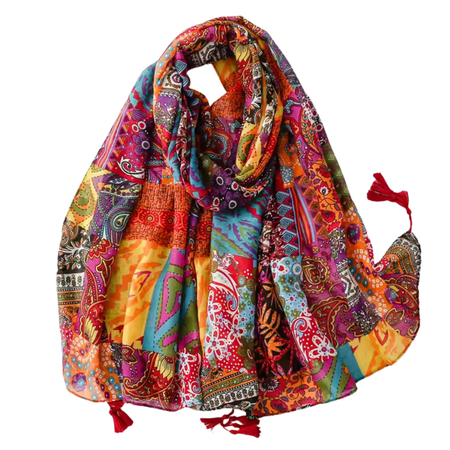 Boho Patchwork Print Scarf with Tassel Accents
