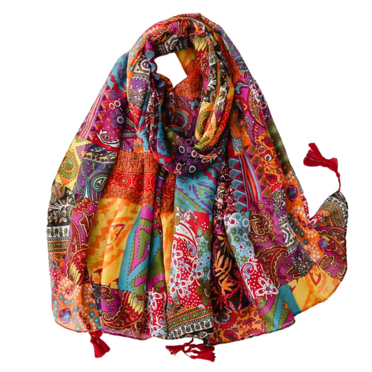 Boho Patchwork Print Scarf with Tassel Accents