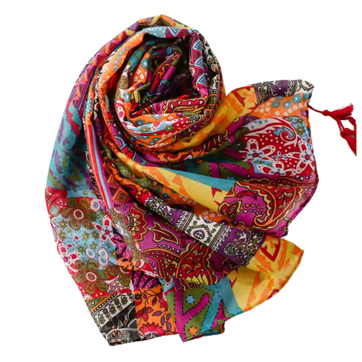 Boho Patchwork Print Scarf with Tassel Accents